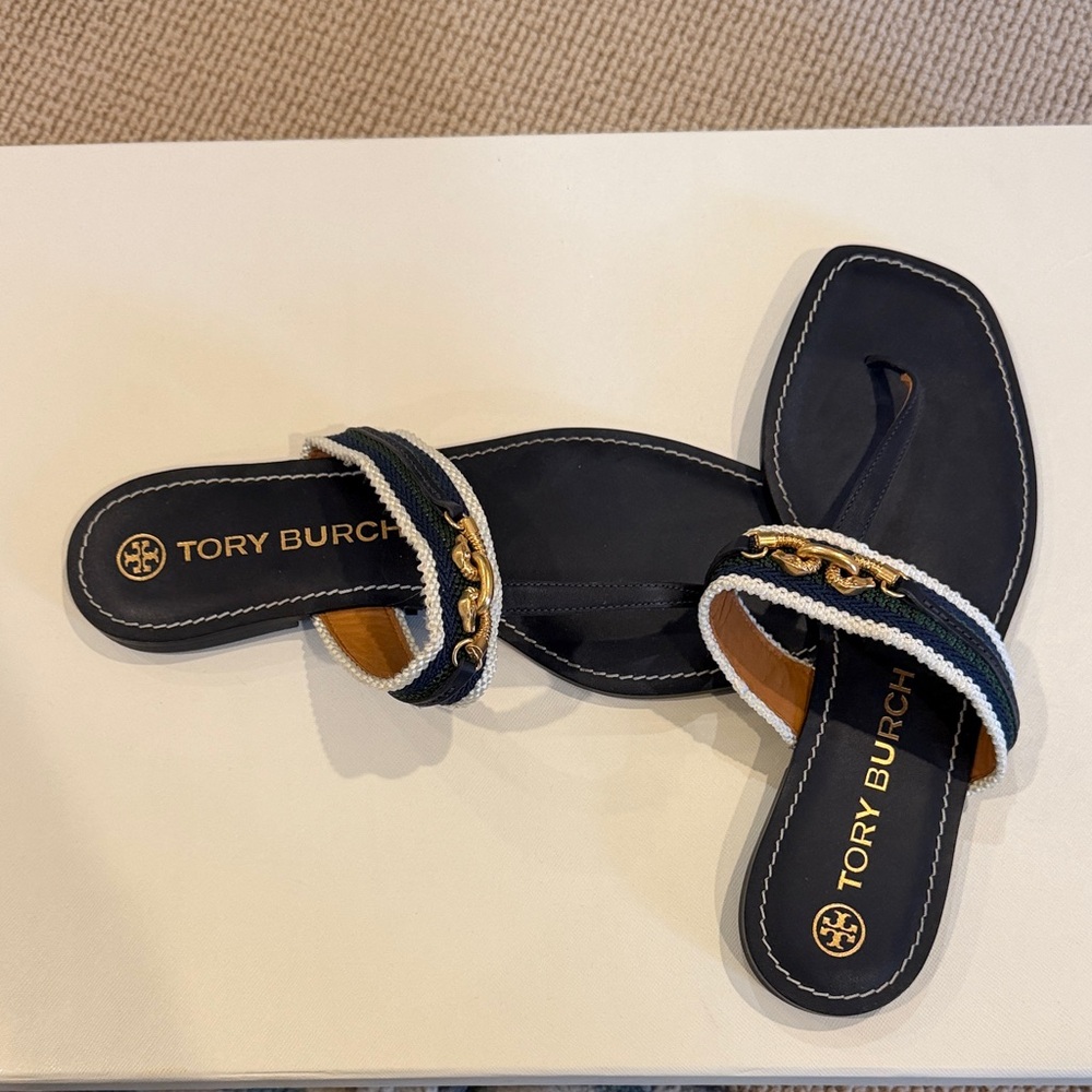 Tory Burch Black Sandals with Gold Chain Detail